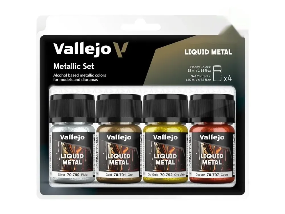 Sada metalických barev Vallejo Liquid Metal 70199 – zlatá, stříbrná a měděná, balení 35 ml
