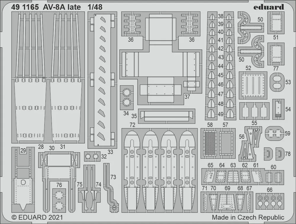 Fotolepty Eduard 491165 pro AV-8A late od Kinetic v měřítku 1/48 na leptaném plechu