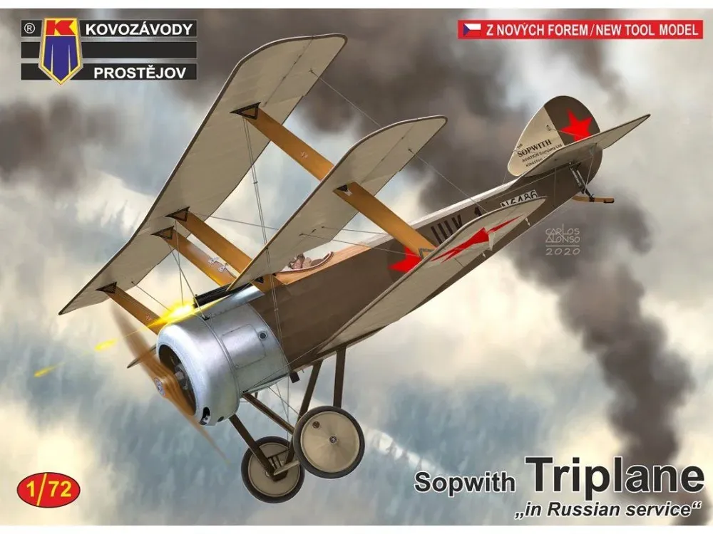 Krabice stavebnice Kovozávody Prostějov KPM0182 Sopwith Triplane ruské provedení v měřítku 1/72