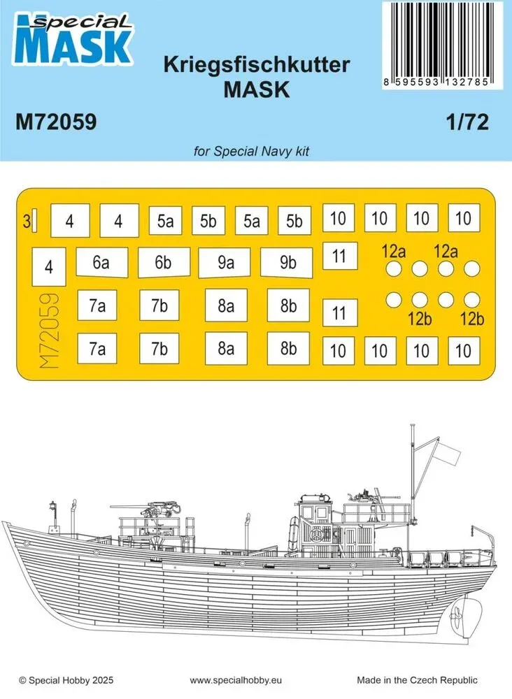 Sada předřezaných masek Special Hobby M72059 pro model Kriegsfischkutter 1/72