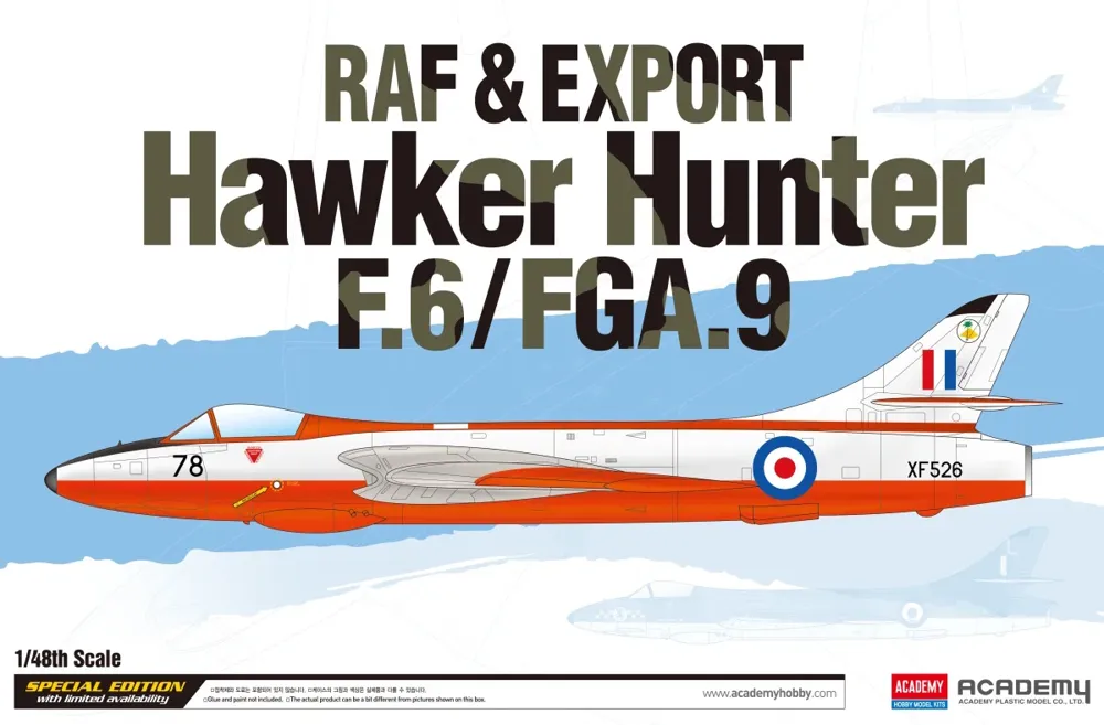 Krabice plastikové stavebnice Academy 12312 Hawker Hunter F.6/FGA.9 v měřítku 1/48
