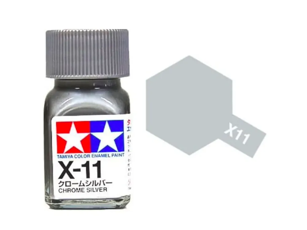 Skleněná lahvička emailové barvy Tamiya Enamel 80011 X-11 Chrome Silver 10 ml