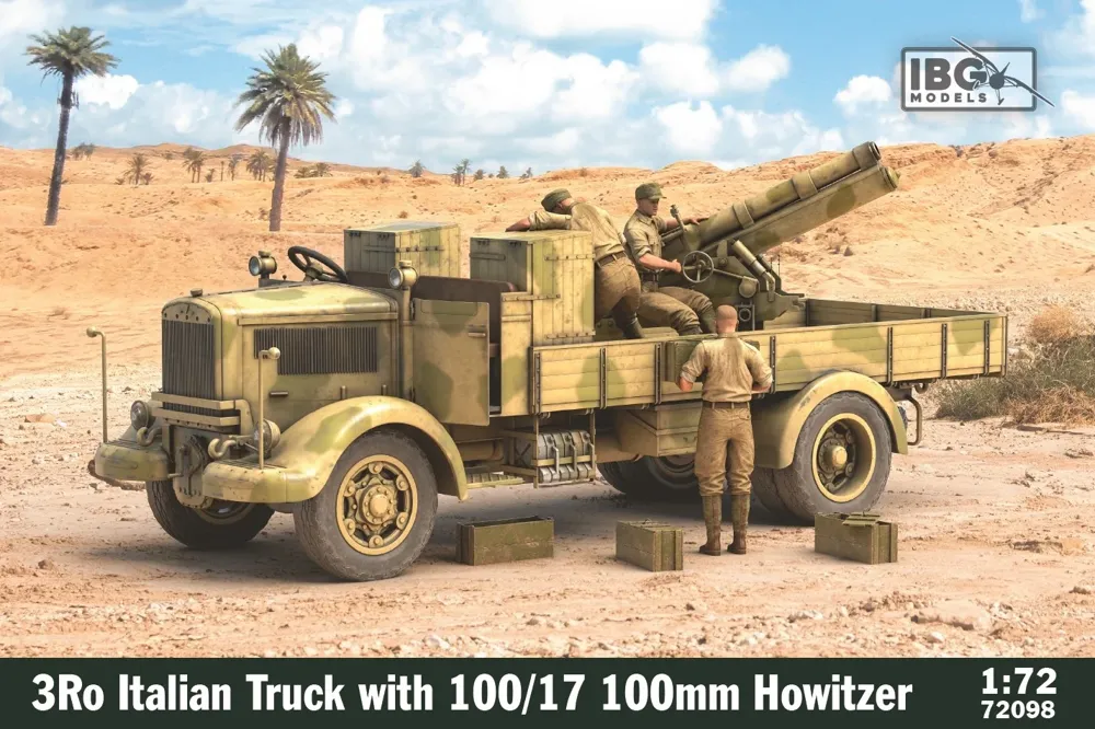 Krabice plastikové stavebnice IBG Models 72098 italský nákladní vůz 3Ro s houfnicí 100/17 v 1/72