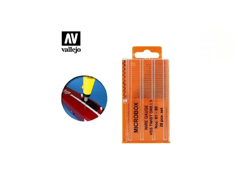 Sada 20 mikro vrtáčků Vallejo Tools T01002, velikosti č. 61–80, v balení