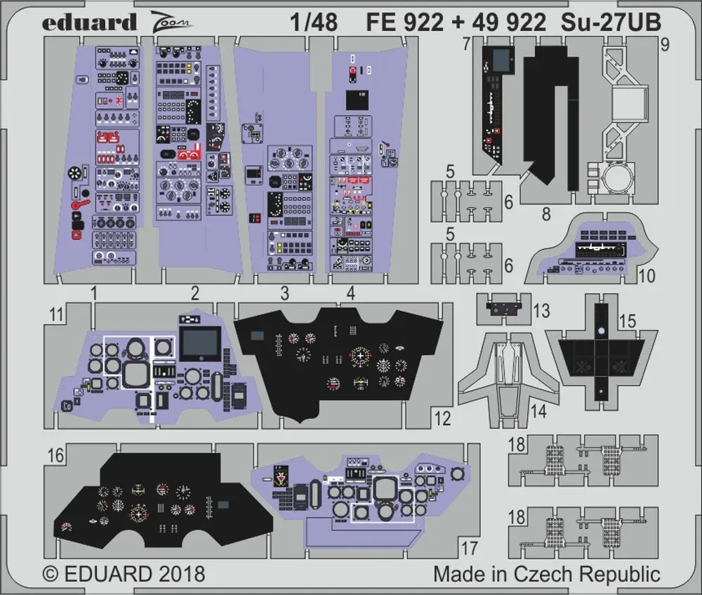 Fotoleptaný plát Eduard Zoom FE922 s barevnými díly kokpitu Su-27UB v měřítku 1/48