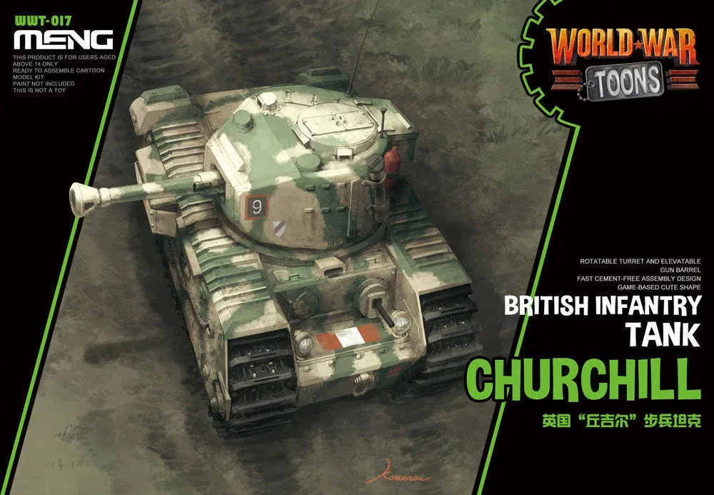 Krabice stavebnice Meng World War Toons WWT-017 Churchill, stylizovaný britský pěchotní tank