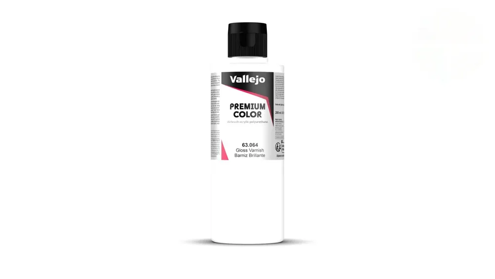 Lahvička lesklého laku Vallejo Premium Color 63064 Gloss Varnish 200 ml