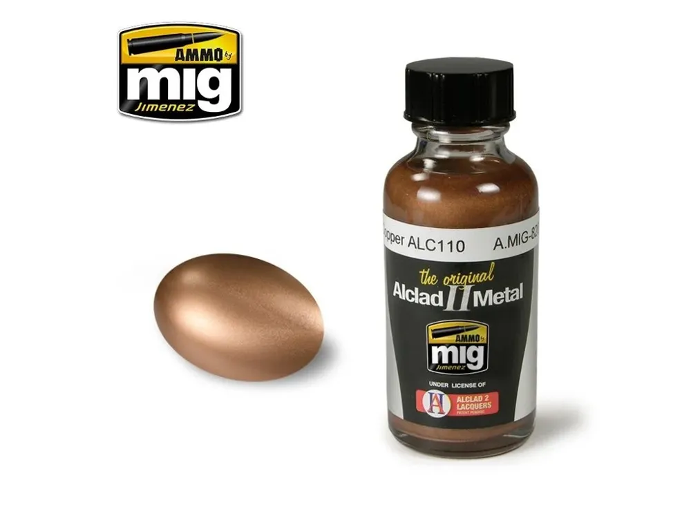 Lahvička metalické lakové barvy AMMO Mig Alclad II ALC110 měděná Copper 30 ml