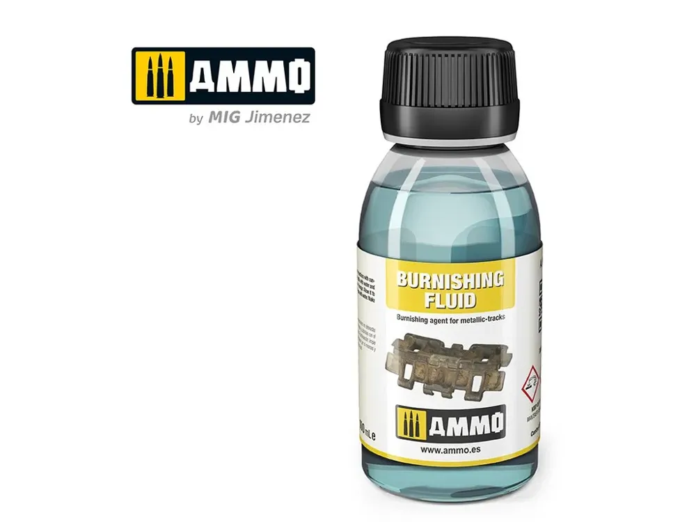 Lahvička AMMO Mig A.MIG-2020 Metallic Tracks Burnishing Fluid, černidlo na kovové pásy, 100 ml