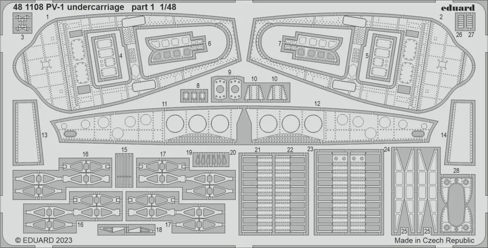 Fotolepty Eduard 481108 PV-1 podvozek 1/48 — leptaný plát kovových dílů