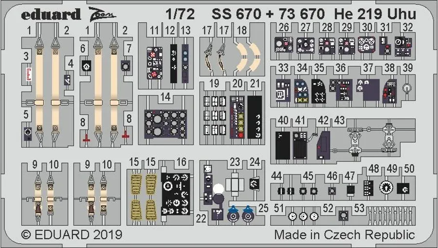 Barevný fotolept Eduard SS670 Zoom pro He 219 Uhu v měřítku 1/72 na podkladové kartě