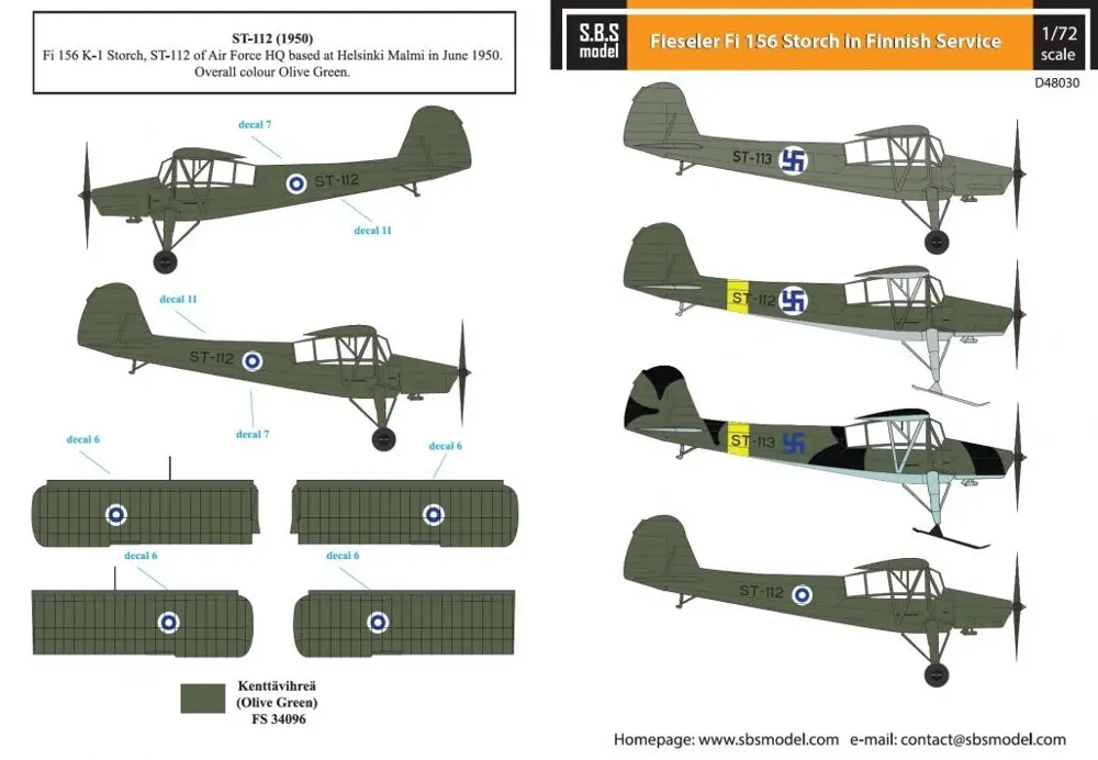 Obtiskový aršík S.B.S. Model D48030 Fieseler Fi 156 Storch finské letectvo v měřítku 1/48