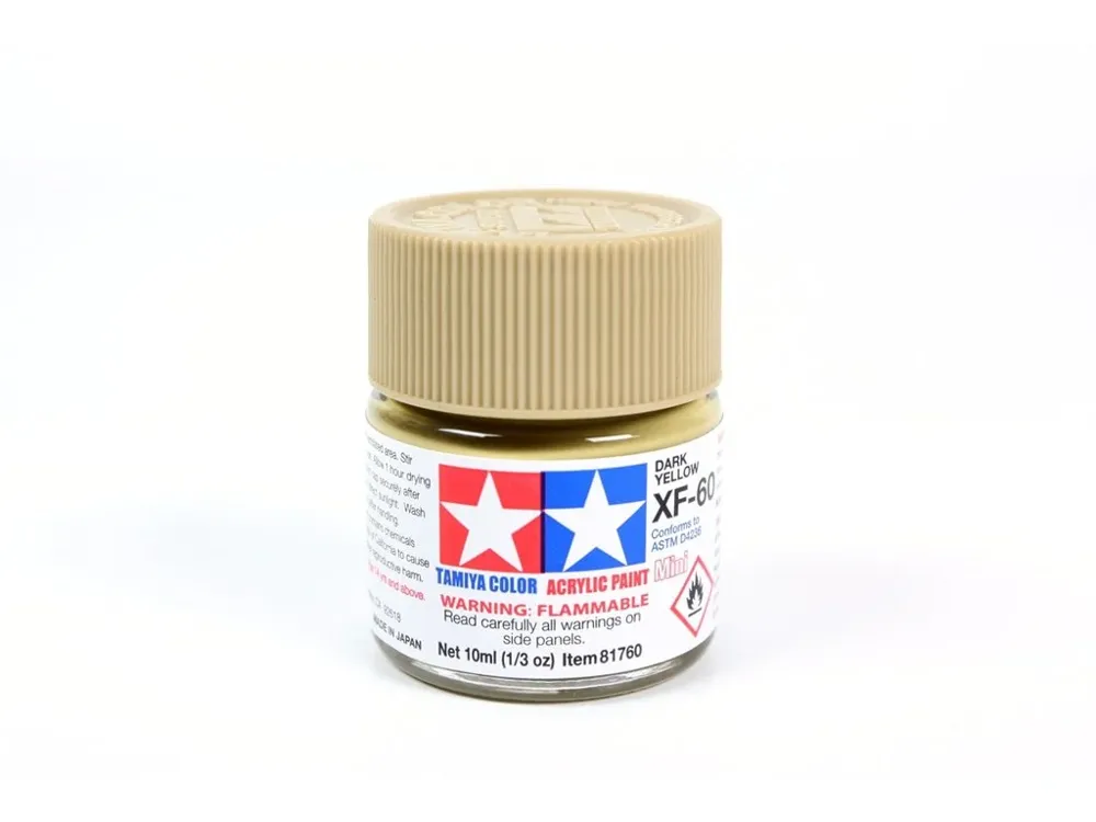 Skleněná lahvička akrylové barvy Tamiya Acrylic Mini XF-60 Dark Yellow 10 ml