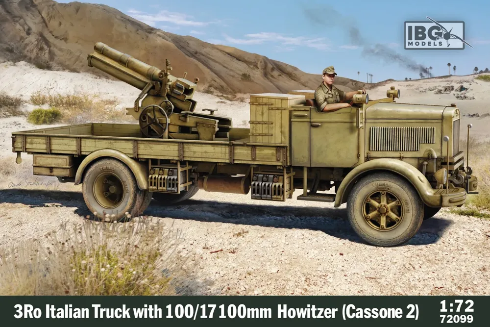 Krabice stavebnice IBG Models 72099 italský nákladní vůz 3Ro s houfnicí 100/17 v měřítku 1/72