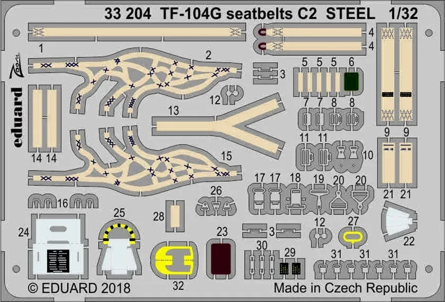 Fotoleptaná sada Eduard 33204 bezpečnostní pásy STEEL pro TF-104G v měřítku 1/32