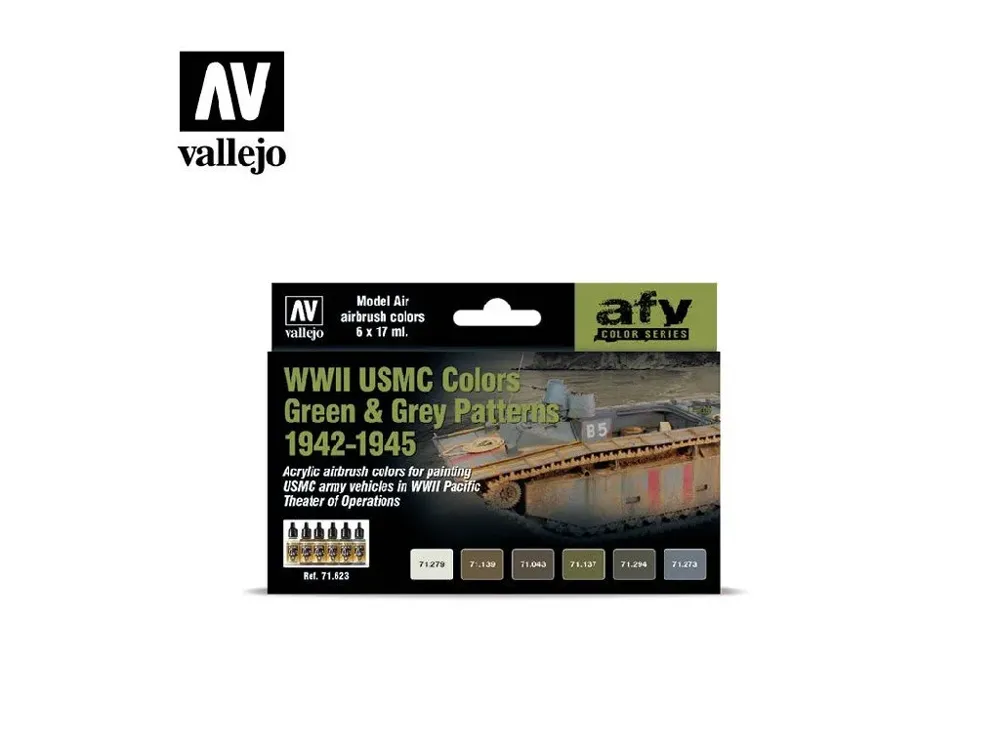 Sada akrylových barev Vallejo Model Air AFV Set 71623 USMC 1942–1945, šest lahviček