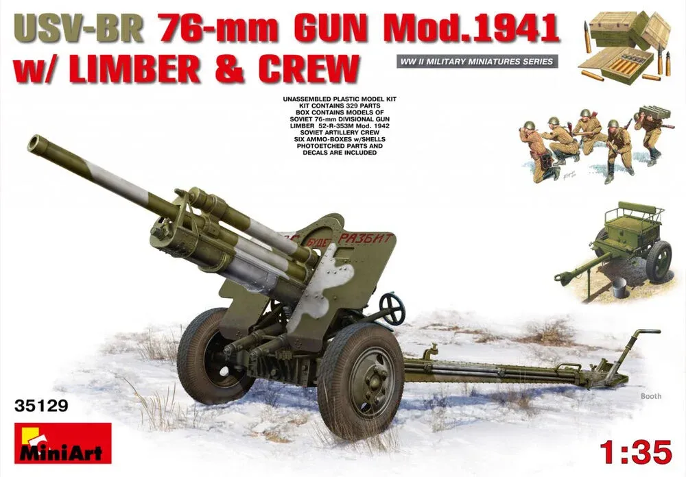 MiniArt 35129 sovětské 76mm dělo USV-BR mod. 1941 s přepravním vozíkem a obsluhou (1/35)