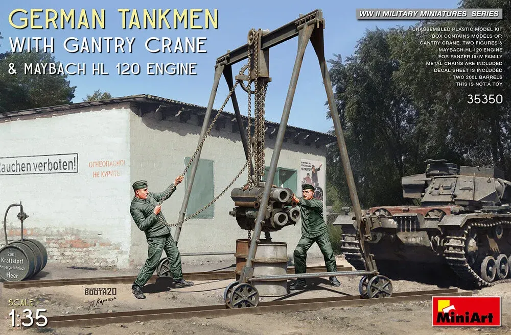 MiniArt 35350 němečtí tankisté s portálovým jeřábem a motorem Maybach HL 120 (1/35)