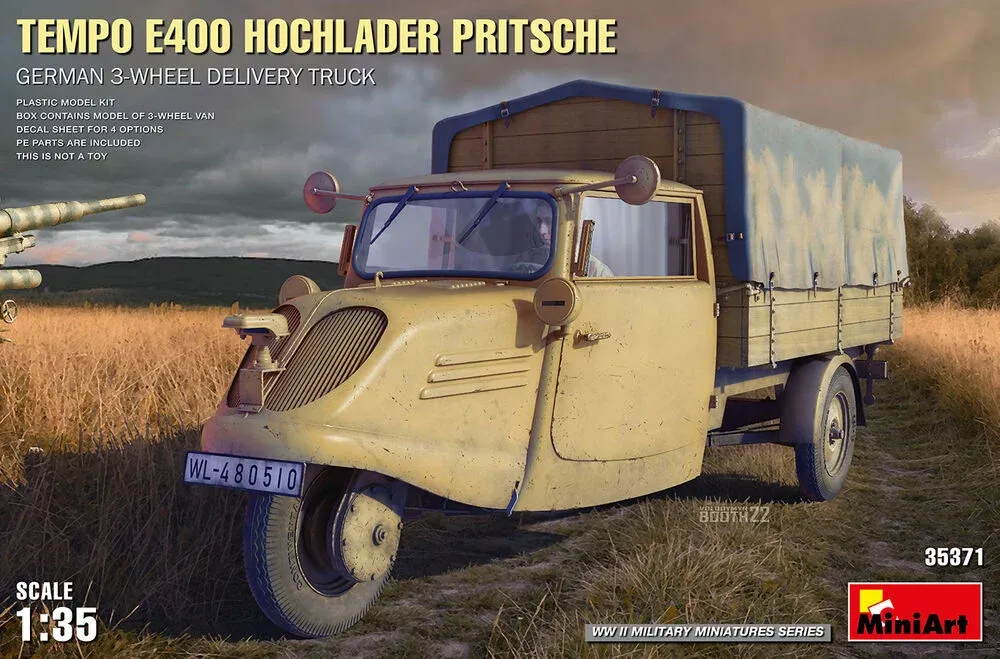 MiniArt 35371 Tempo E400 Hochlader Pritsche – německý tříkolový rozvážkový vůz (1/35)