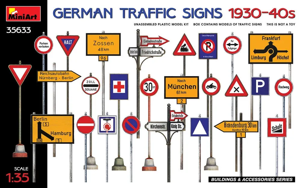 MiniArt 35633 German Traffic Signs 1930-40's — německé dopravní značky (1/35)
