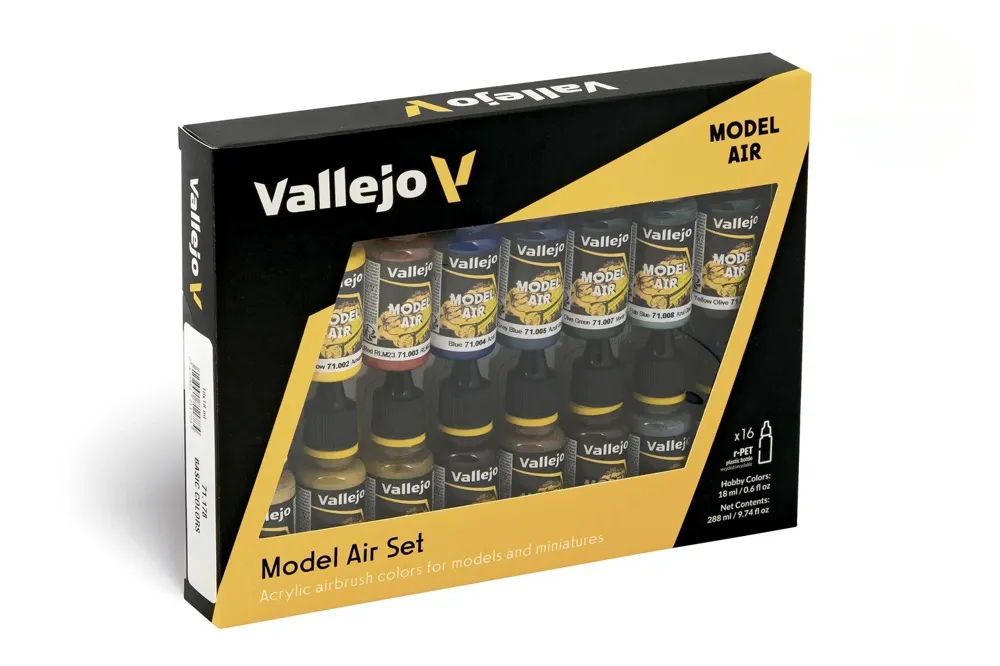 Sada akrylových barev Vallejo Model Air 71178 Basic Colors, 16 lahviček po 18 ml