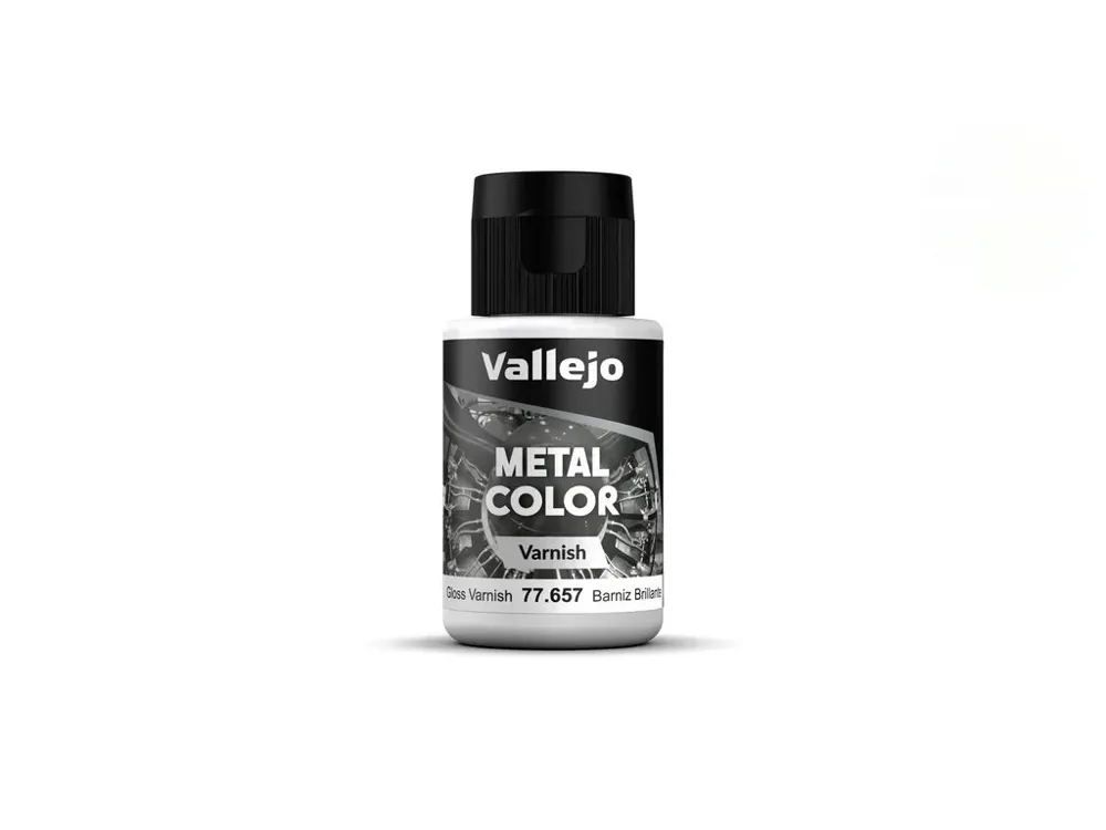 Lahvička lesklého laku Vallejo Metal Color 77657 Gloss Metal Varnish 32 ml