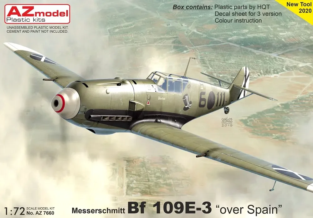 Krabice plastikové stavebnice AZ Model AZ7660 Messerschmitt Bf 109E-3 Over Spain v měřítku 1/72