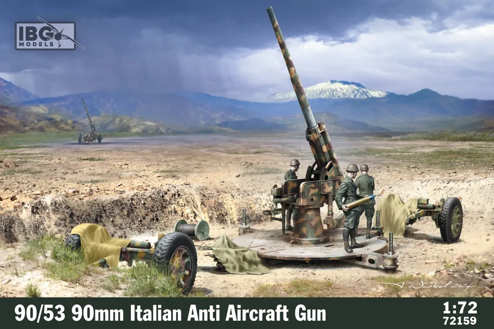 Krabice plastikové stavebnice IBG Models 72159 italský protiletadlový kanon 90/53 90 mm v měřítku 1/72