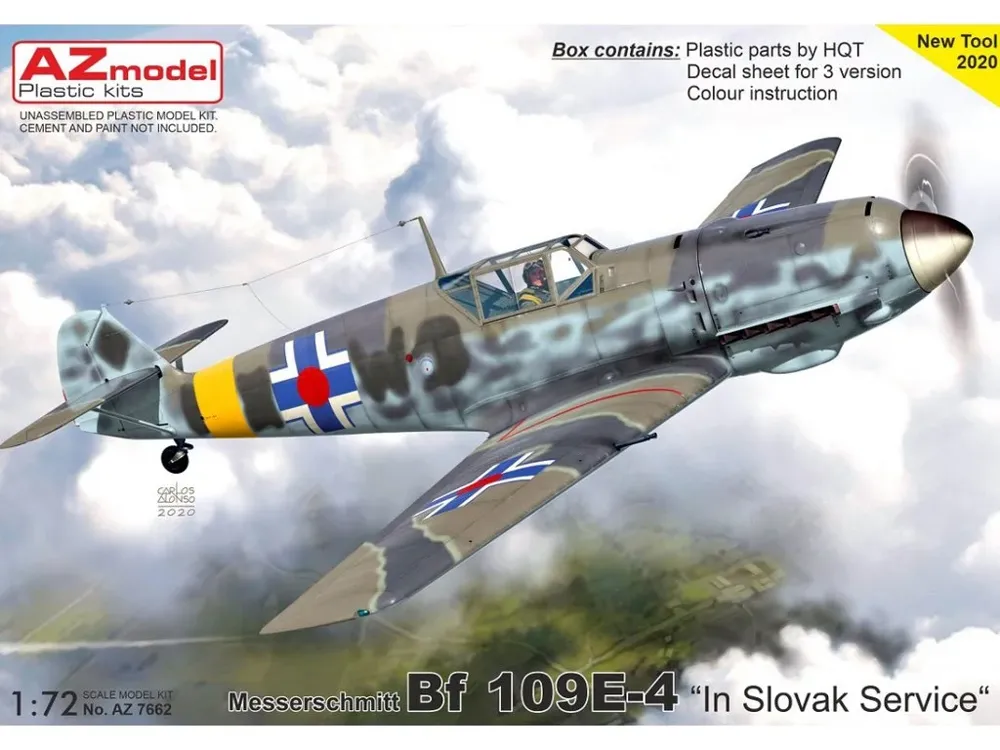 Krabice plastikové stavebnice AZ Model AZ7662 Messerschmitt Bf 109E-4 v měřítku 1/72