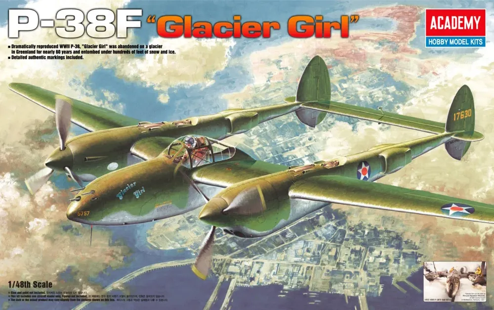 Krabice plastikové stavebnice Academy 12208 P-38F Lightning Glacier Girl v měřítku 1/48