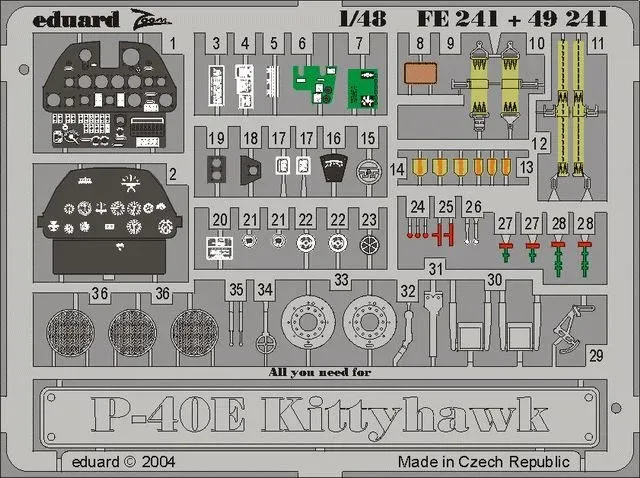 Barevný fotolept Eduard FE241 P-40E Zoom 1:48 pro kokpit stavebnice MMT TECH / AMT