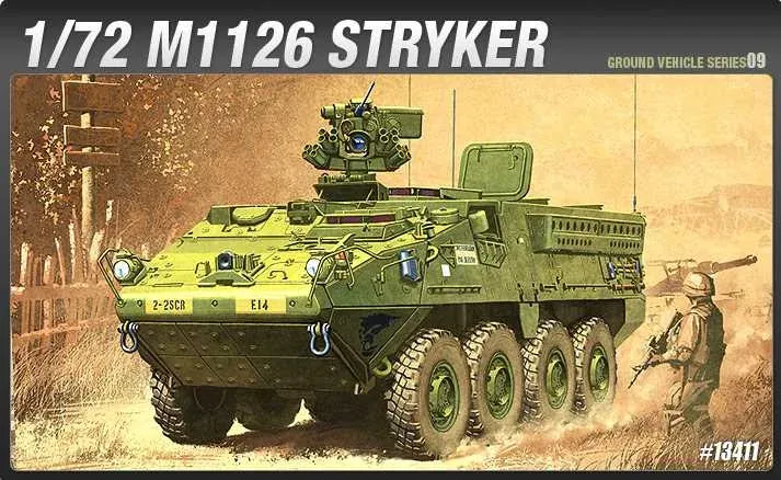 Krabice plastikové stavebnice Academy 13411 M1126 Stryker v měřítku 1/72