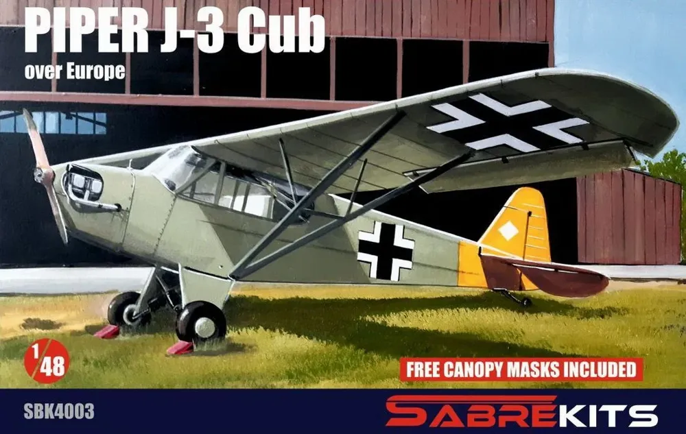 Krabice plastikové stavebnice Sabre Kits SBK4003 Piper J-3 Cub Over Europe v měřítku 1/48