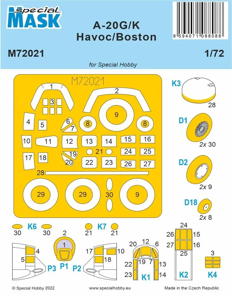 Maskovací sada Special Hobby M72021 pro model A-20G/K Havoc/Boston v měřítku 1/72