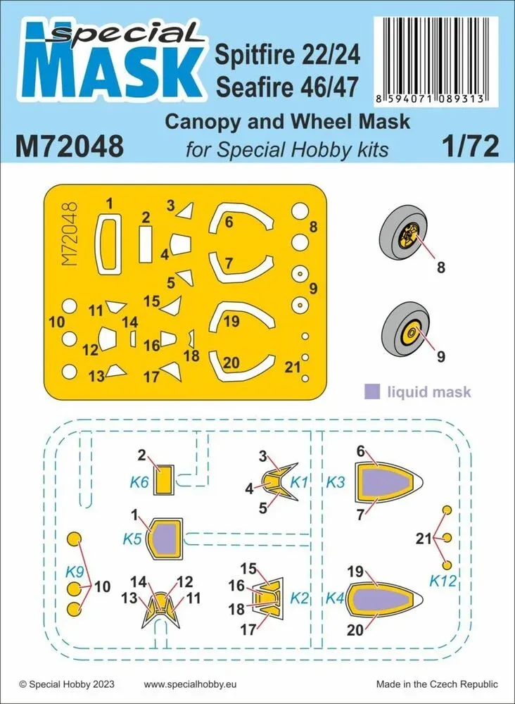 Maskovací šablony Special Hobby M72048 pro Spitfire Mk.22/24 a Seafire Mk.46/47 v měřítku 1/72