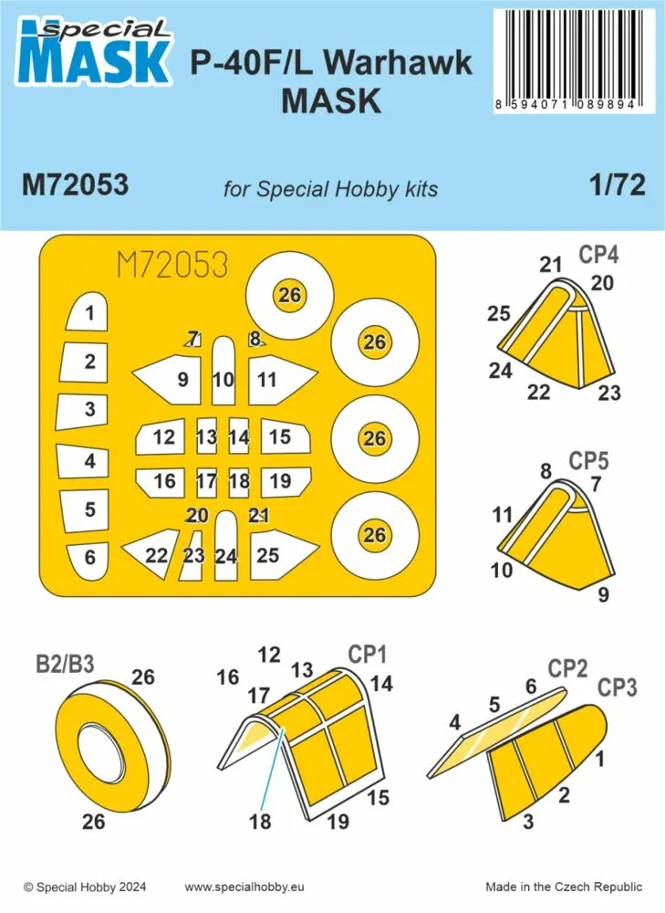 Sada maskovacích šablon Special Hobby M72053 pro P-40F/L Warhawk v měřítku 1/72