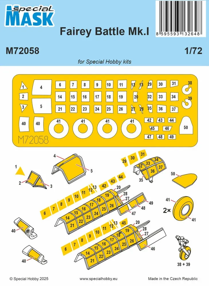 Sada masek Special Hobby M72058 pro Fairey Battle Mk.I v měřítku 1/72 z kabuki papíru