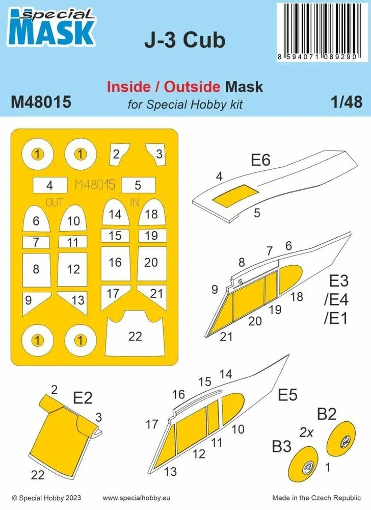 Balení maskovacích šablon Special Hobby M48015 pro model J-3 Cub v měřítku 1/48