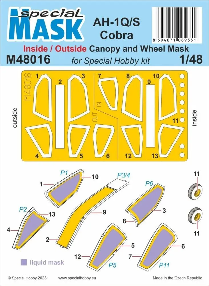 Sada maskovacích šablon Special Hobby M48016 pro vrtulník AH-1Q/S Cobra v měřítku 1/48