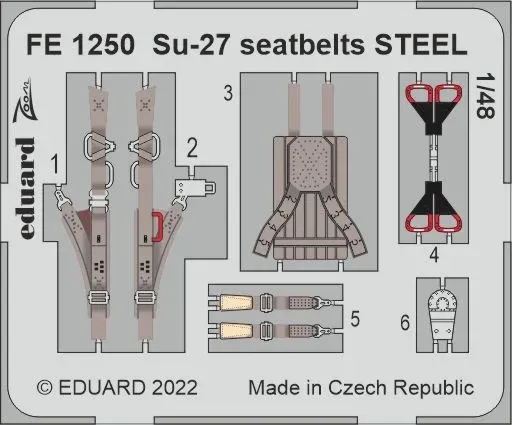 Barevný ocelový fotolept Eduard FE1250 Su-27 upínací pásy STEEL v měřítku 1/48