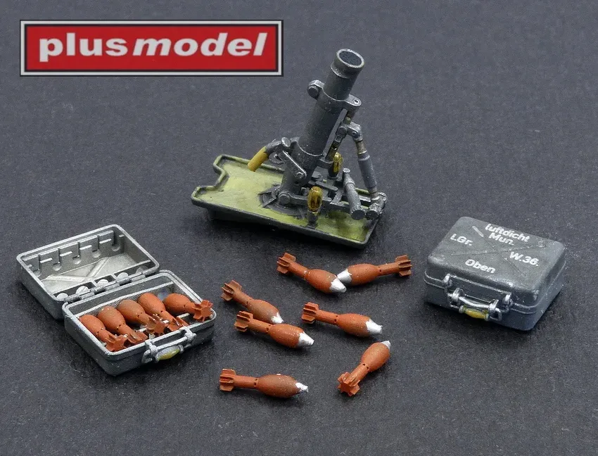 Díly 3D tištěného setu Plus Model DP3009 německý minomet Wfr 36 v měřítku 1/35