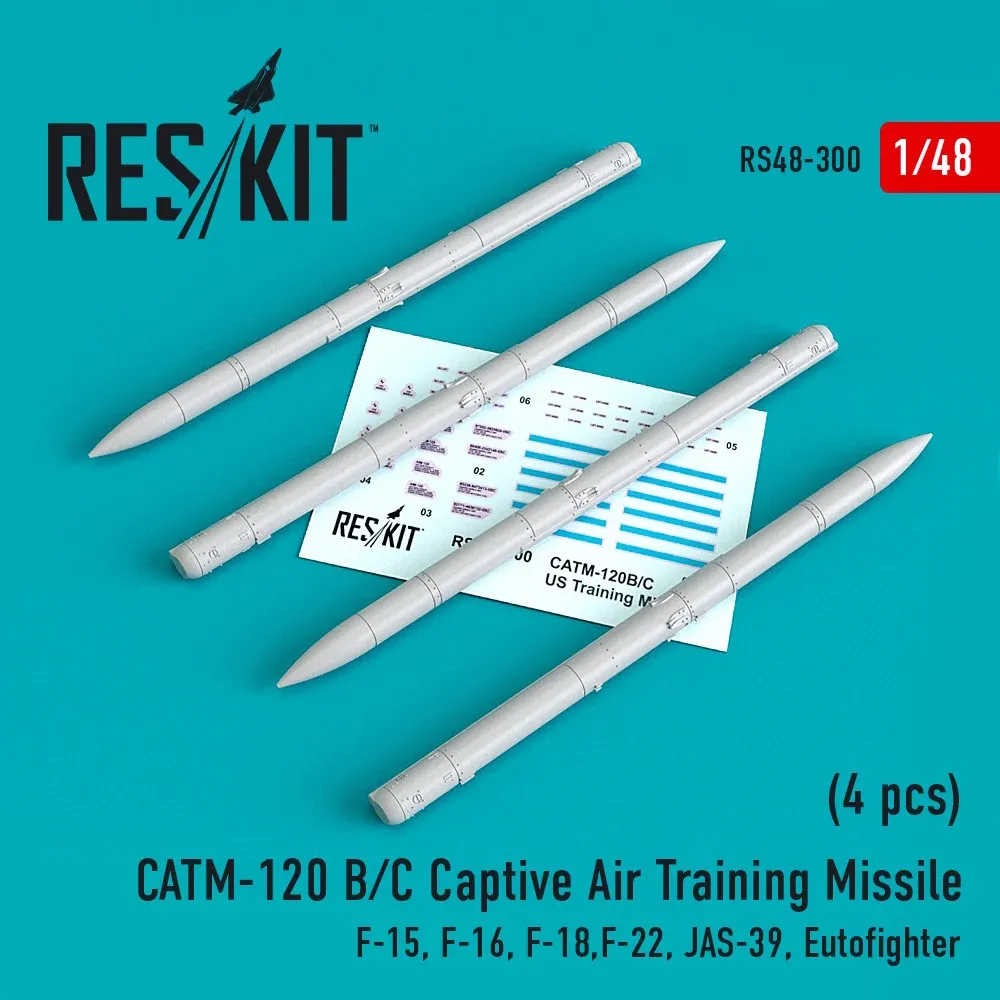 Sada cvičných raket Reskit RS48-0300 CATM-120 B/C v měřítku 1/48, 4 kusy