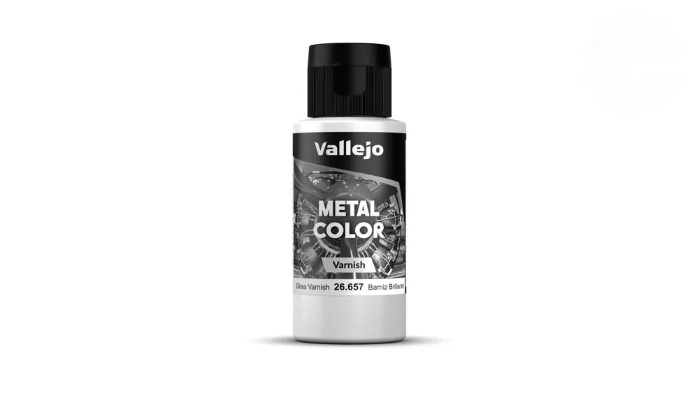 Lahvička lesklého laku Vallejo Auxiliary 26657 Gloss Metal Varnish 60 ml na metalické barvy