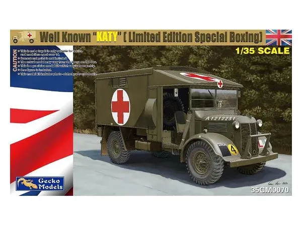 Krabice stavebnice Gecko Models 1/35 K2/Y britská vojenská sanitka, limitovaná edice