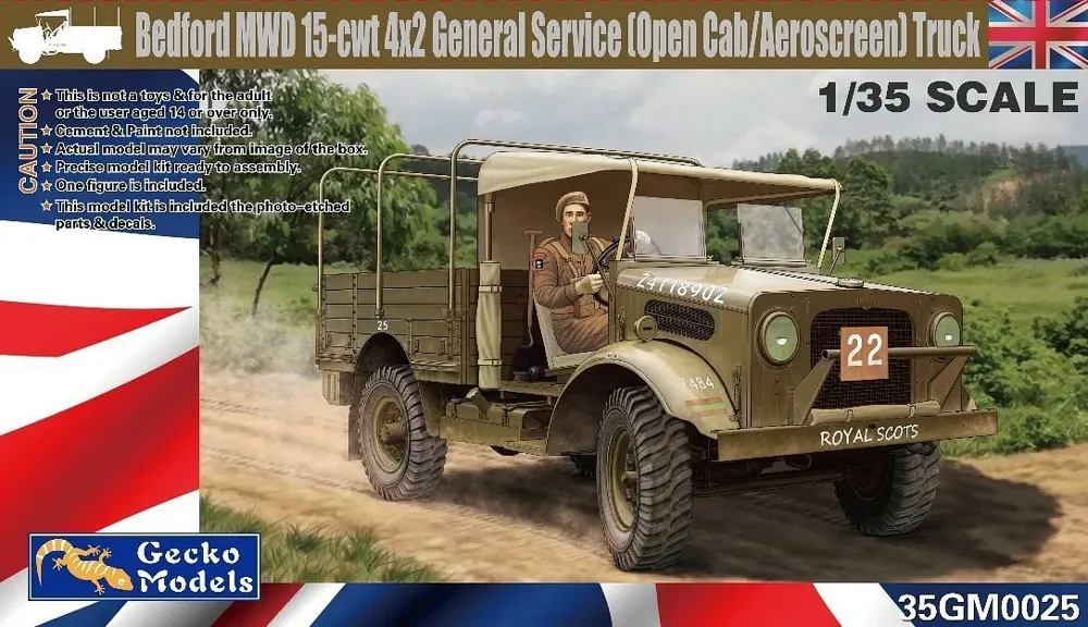 Krabice stavebnice Gecko Models 35GM0025 Bedford MWD 15-cwt 4x2 v měřítku 1/35