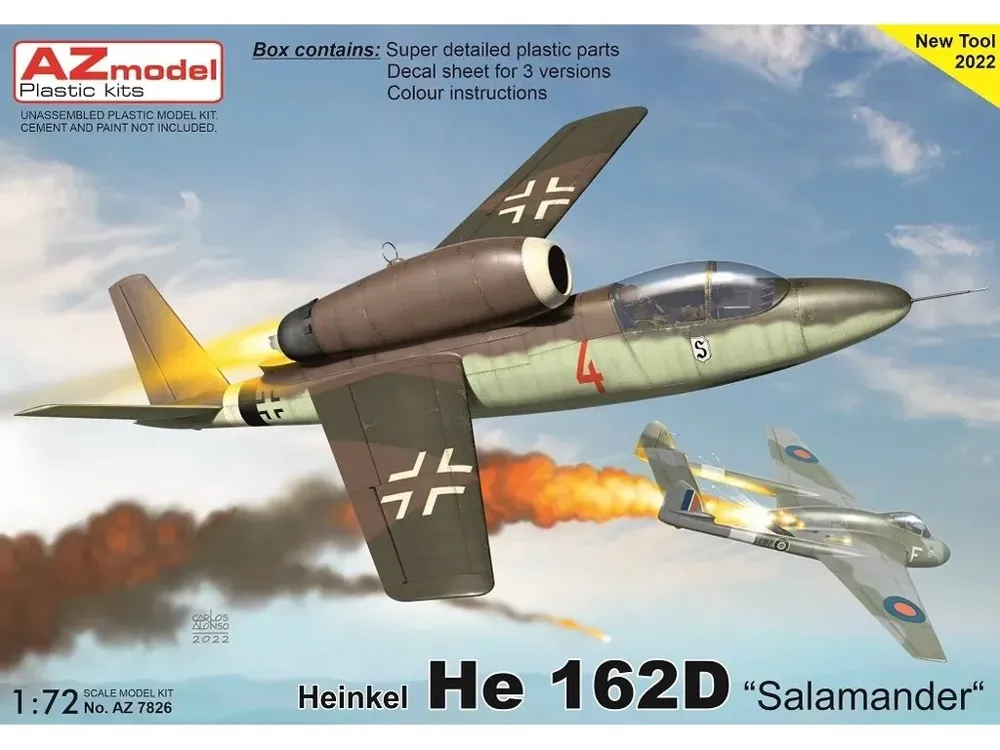 Krabice plastikové stavebnice AZ Model 1/72 Heinkel He 162D Salamander, kód AZ7826