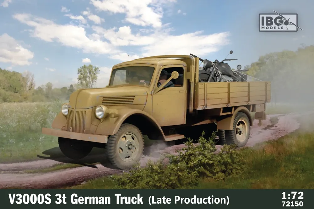 Krabice plastikové stavebnice IBG Models 72150 německý nákladní vůz V3000S 3t v měřítku 1/72