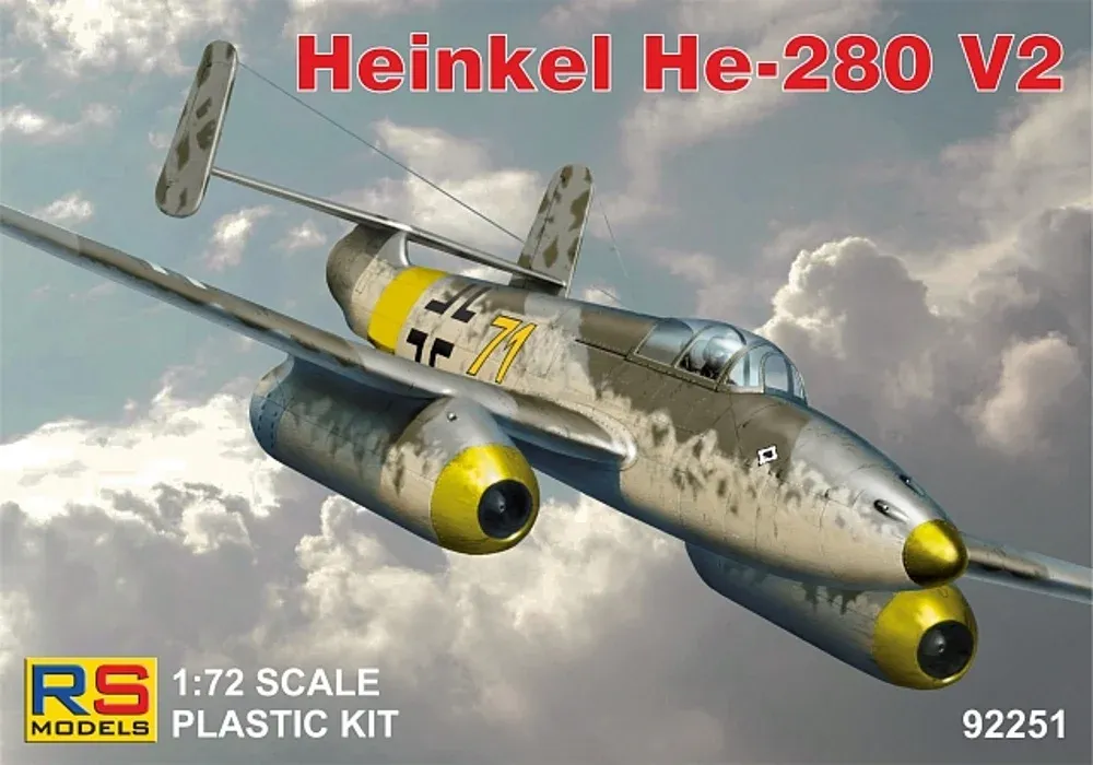Krabice stavebnice RS Models 1/72 Heinkel He 280 Jumo 004 s plastikovým modelem proudového prototypu