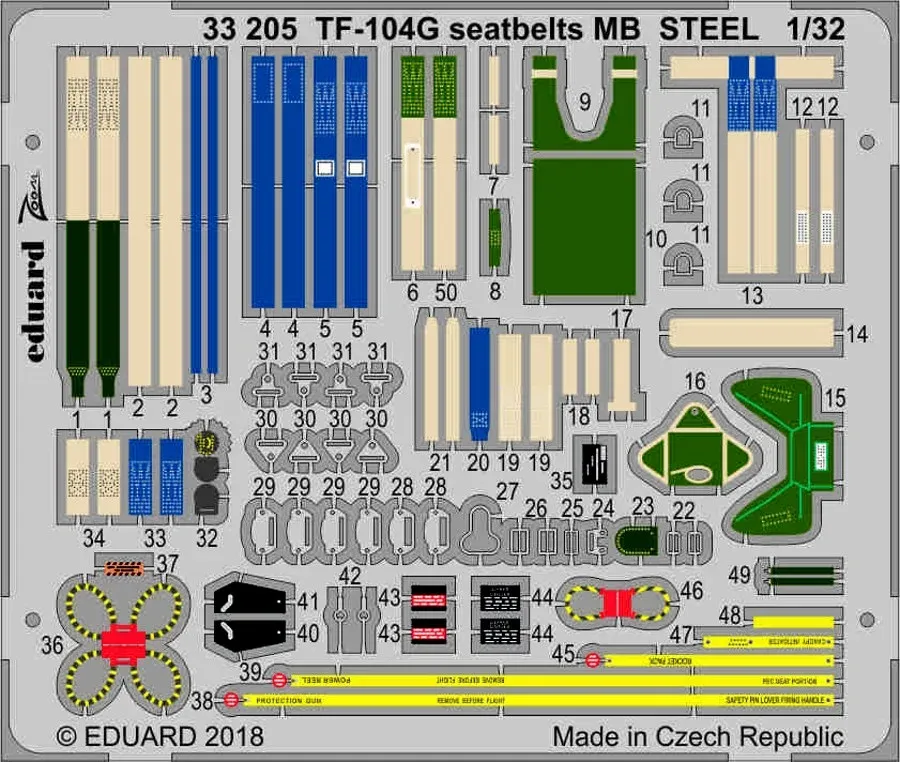 Fotoleptaný plát Eduard 33205 poutací pásy TF-104G MB STEEL 1/32 pro stavebnici Italeri