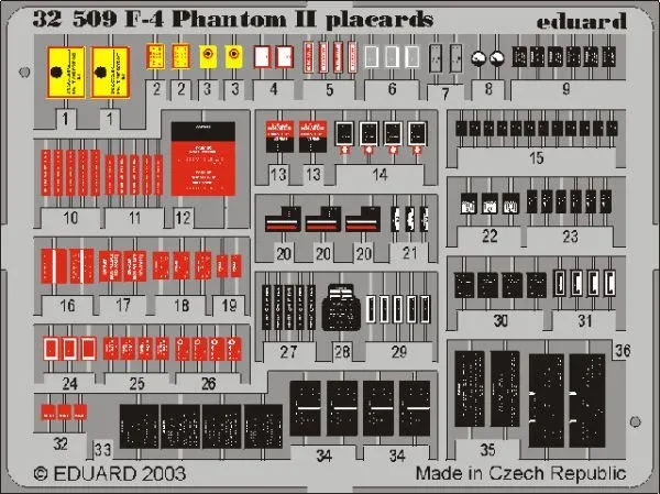 Fotoleptaný set Eduard 32509 F-4 placards v měřítku 1/32 pro modely Phantomu